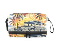 VAPOKF Sun Beach and Retro Woody Car Honolulu Palm Tree Cosmetic Bag for Women and Girls, Travel Toiletry Bag Makeup Handy Pouch Organizer Bag with Brush Compartment