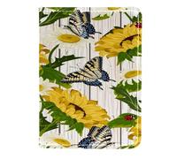 VAPOKF Sunflower Daisy and Butterfly on Wooden Background Passport Holder Travel Wallet Leather Card Case Cover, 11.5x16.5cm