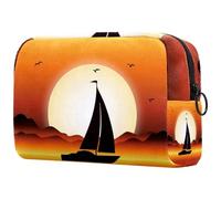VAPOKF Sunset River Boat Orange Cosmetic Bag for Women, Travel Toiletries Bags Large Makeup Handy Pouch Organizer Bag with Zipper