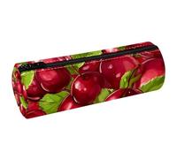 VAPOKF Tempting Cherry PU Leather Barrel Pen Pencil Case Coin Purse Cosmetic Makeup Bag for Student Stationery School Office Storage