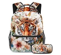 VAPOKF Tiger with Plants and Flowers School Bag Set for Teen Girls Boys Kids, Student Bookbag Backpack Rucksack with Pencil Case for Primary Secondary Junior High School