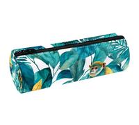 VAPOKF Tropical Leaf Monkey Leather Barrel Pen Pencil Case Coin Purse Cosmetic Makeup Bag for Student Stationery School Office Storage
