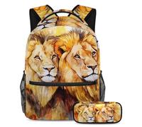 VAPOKF Two Lions School Bag Set for Teen Girls Boys Kids, Student Bookbag Backpack Rucksack with Pencil Case for Primary Secondary Junior High School