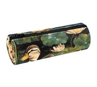VAPOKF Two Little Indian Runner Ducks Leather Barrel Pen Pencil Case Coin Purse Cosmetic Makeup Bag for Student Stationery School Office Storage
