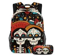 VAPOKF Two Mexican Sugar Skull Skeleton School Bag Set for Teen Girls Boys Kids, Student Bookbag Backpack Rucksack with Pencil Case for Primary Secondary Junior High School