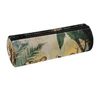 VAPOKF Two Tigers on Bush Leather Barrel Pen Pencil Case Coin Purse Cosmetic Makeup Bag for Student Stationery School Office Storage