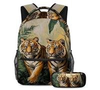 VAPOKF Two Tigers on Bush School Bag Set for Teen Girls Boys Kids, Student Bookbag Backpack Rucksack with Pencil Case for Primary Secondary Junior High School