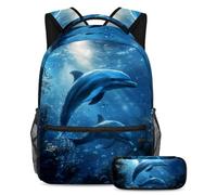 VAPOKF Under Dolphins School Bag Set for Teen Girls Boys Kids, Student Bookbag Backpack Rucksack with Pencil Case for Primary Secondary Junior High School
