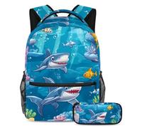 VAPOKF Under Sea Sharks Fishes School Bag Set for Teen Girls Boys Kids, Student Bookbag Backpack Rucksack with Pencil Case for Primary Secondary Junior High School