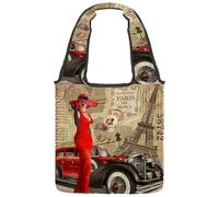 VAPOKF Vintage French Newspaper Red Dress Women Canvas Tote Bags, Women's Shoulder Handbags, Large Reusable Carry Bag Shoulder Bag for School Work Office Travel Shopping Casual