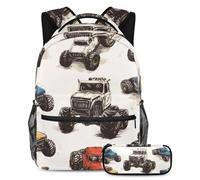 VAPOKF Vintage Monster Cars School Bag Set for Teen Girls Boys Kids, Student Bookbag Backpack Rucksack with Pencil Case for Primary Secondary Junior High School