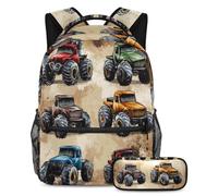 VAPOKF Vintage Monster Trucks School Bag Set for Teen Girls Boys Kids, Student Bookbag Backpack Rucksack with Pencil Case for Primary Secondary Junior High School