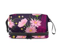 VAPOKF Vintage Paris Eiffel Tower Kisses Hearts Pink Chamomile Flowers Pattern Cosmetic Bag for Women and Girls, Travel Toiletry Bag Makeup Handy Pouch Organizer Bag with Brush Compartment