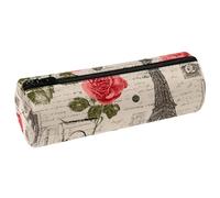 VAPOKF Vintage Paris Tower Roses Postcard Leather Barrel Pen Pencil Case Coin Purse Cosmetic Makeup Bag for Student Stationery School Office Storage