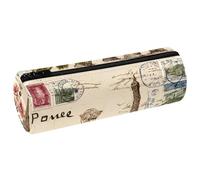VAPOKF Vintage Postcard Paris Tower Flowers Leather Barrel Pen Pencil Case Coin Purse Cosmetic Makeup Bag for Student Stationery School Office Storage