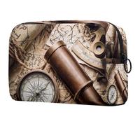 VAPOKF Vintage Still Life Compass Sextant Spyglass Old Map Pattern Cosmetic Bag for Women, Travel Toiletries Bags Large Makeup Handy Pouch Organizer Bag with Zipper