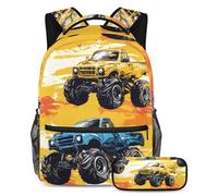 VAPOKF Vintage Yellow Blue Monster Trucks School Bag Set for Teen Girls Boys Kids, Student Bookbag Backpack Rucksack with Pencil Case for Primary Secondary Junior High School