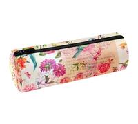 VAPOKF Watercolor Bird Butterfly Flower on Old Texts Print Pencil Cases, PU Leather Pen Bag Student Stationery Organiser Bag Makeup Pouch for Women Girls Boys Kids School Office Supplies