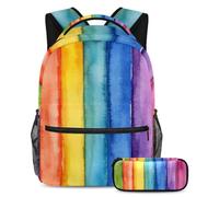 VAPOKF Watercolor Rainbow Stripes School Bag Set for Teen Girls Boys Kids, Student Bookbag Backpack Rucksack with Pencil Case for Primary Secondary Junior High School