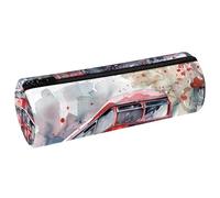 VAPOKF Watercolor Red Bus on Street Print Pencil Cases, PU Leather Pen Bag Student Stationery Organiser Bag Makeup Pouch for Women Girls Boys Kids School Office Supplies