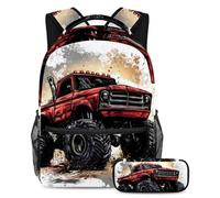 VAPOKF Watercolor Red Monster Car School Bag Set for Teen Girls Boys Kids, Student Bookbag Backpack Rucksack with Pencil Case for Primary Secondary Junior High School