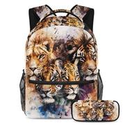 VAPOKF Watercolor Tigers and Lions School Bag Set for Teen Girls Boys Kids, Student Bookbag Backpack Rucksack with Pencil Case for Primary Secondary Junior High School