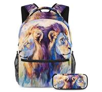 VAPOKF Watercolor Two Lions School Bag Set for Teen Girls Boys Kids, Student Bookbag Backpack Rucksack with Pencil Case for Primary Secondary Junior High School
