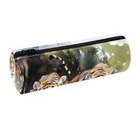 VAPOKF Watercolor Walking Tigers Print Pencil Cases, PU Leather Pen Bag Student Stationery Organiser Bag Makeup Pouch for Women Girls Boys Kids School Office Supplies