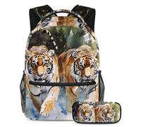 VAPOKF Watercolor Walking Tigers School Bag Set for Teen Girls Boys Kids, Student Bookbag Backpack Rucksack with Pencil Case for Primary Secondary Junior High School