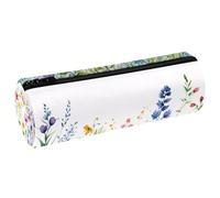 VAPOKF Watercolor Wildflowers Floral PU Leather Barrel Pen Pencil Case Coin Purse Cosmetic Makeup Bag for Student Stationery School Office Storage