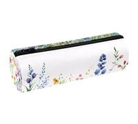 VAPOKF Watercolor Wildflowers Floral PU Leather Barrel Pen Pencil Case Coin Purse Cosmetic Makeup Bag for Student Stationery School Office Storage