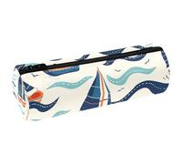VAPOKF Wave Sailing Boat PU Leather Barrel Pen Pencil Case Coin Purse Cosmetic Makeup Bag for Student Stationery School Office Storage