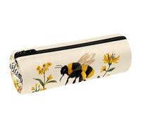 VAPOKF Welcome Bees and Flowers PU Leather Barrel Pen Pencil Case Coin Purse Cosmetic Makeup Bag for Student Stationery School Office Storage