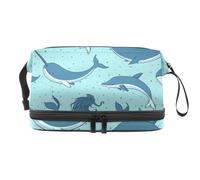 VAPOKF Whales Mermaids Narwhals and Dolphins Cosmetic Bag for Women and Girls, Travel Toiletry Bag Makeup Handy Pouch Organizer Bag with Brush Compartment