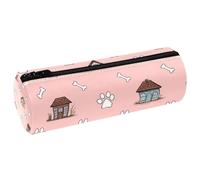 VAPOKF White Dog Pawprints Bones Leather Barrel Pen Pencil Case Coin Purse Cosmetic Makeup Bag for Student Stationery School Office Storage