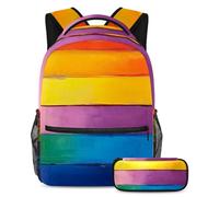 VAPOKF Wide Rainbow Color Stripes School Bag Set for Teen Girls Boys Kids, Student Bookbag Backpack Rucksack with Pencil Case for Primary Secondary Junior High School