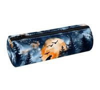 VAPOKF Wild Animals on Forest Silhouette Print Pencil Cases, PU Leather Pen Bag Student Stationery Organiser Bag Makeup Pouch for Women Girls Boys Kids School Office Supplies