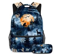 VAPOKF Wild Animals on Forest Silhouette School Bag Set for Teen Girls Boys Kids, Student Bookbag Backpack Rucksack with Pencil Case for Primary Secondary Junior High School
