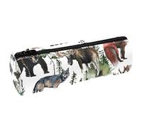 VAPOKF Wild Forest Animals Leather Barrel Pen Pencil Case Coin Purse Cosmetic Makeup Bag for Student Stationery School Office Storage