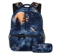 VAPOKF Wild Forest Animals Silhouette School Bag Set for Teen Girls Boys Kids, Student Bookbag Backpack Rucksack with Pencil Case for Primary Secondary Junior High School