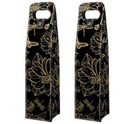 VAPOKF Wine Tote Carrier, 2 PCS Reusable Leather Single Bottle Champagne, Beer Gift Bags for Birthday, Wedding, Picnic Party, Christmas - Golden Flower Hummingbirds Butterfly