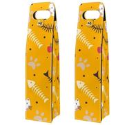 VAPOKF Wine Tote Carrier, 2 PCS Reusable Leather Single Bottle Champagne, Beer Gift Bags for Birthday, Wedding, Picnic Party, Christmas - Fishbone Cat Yellow
