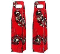 VAPOKF Wine Tote Carrier, 2 PCS Reusable Leather Single Bottle Champagne, Beer Gift Bags for Birthday, Wedding, Picnic Party, Christmas - Black Peacock Feather on Red