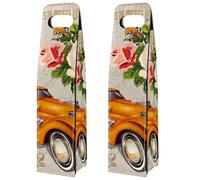 VAPOKF Wine Tote Carrier, 2 PCS Reusable Leather Single Bottle Champagne, Beer Gift Bags for Birthday, Wedding, Picnic Party, Christmas - Vintage Postcard Car and Flowers