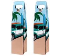 VAPOKF Wine Tote Carrier, 2 PCS Reusable Leather Single Bottle Champagne, Beer Gift Bags for Birthday, Wedding, Picnic Party, Christmas - Vintage Car Beach