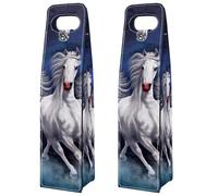VAPOKF Wine Tote Carrier, 2 PCS Reusable Leather Single Bottle Champagne, Beer Gift Bags for Birthday, Wedding, Picnic Party, Christmas - White Horses Running at Night