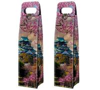 VAPOKF Wine Tote Carrier, 2 PCS Reusable Leather Single Bottle Champagne, Beer Gift Bags for Birthday, Wedding, Picnic Party, Christmas - Japan Cherry Blossom Castle Fuji Mountain