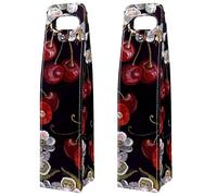 VAPOKF Wine Tote Carrier, 2 PCS Reusable Leather Single Bottle Champagne, Beer Gift Bags for Birthday, Wedding, Picnic Party, Christmas - Embroidery Cherry Blossom Berry