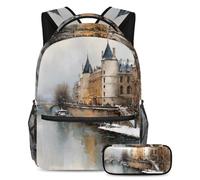 VAPOKF Winter City Building River School Bag Set for Teen Girls Boys Kids, Student Bookbag Backpack Rucksack with Pencil Case for Primary Secondary Junior High School