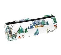 VAPOKF Winter Forest Bird Deer Wooden Lodge Pencil Cases, PU Leather Pen Bag Student Stationery Organiser Bag Makeup Pouch for Women Girls Boys Kids School Office Supplies